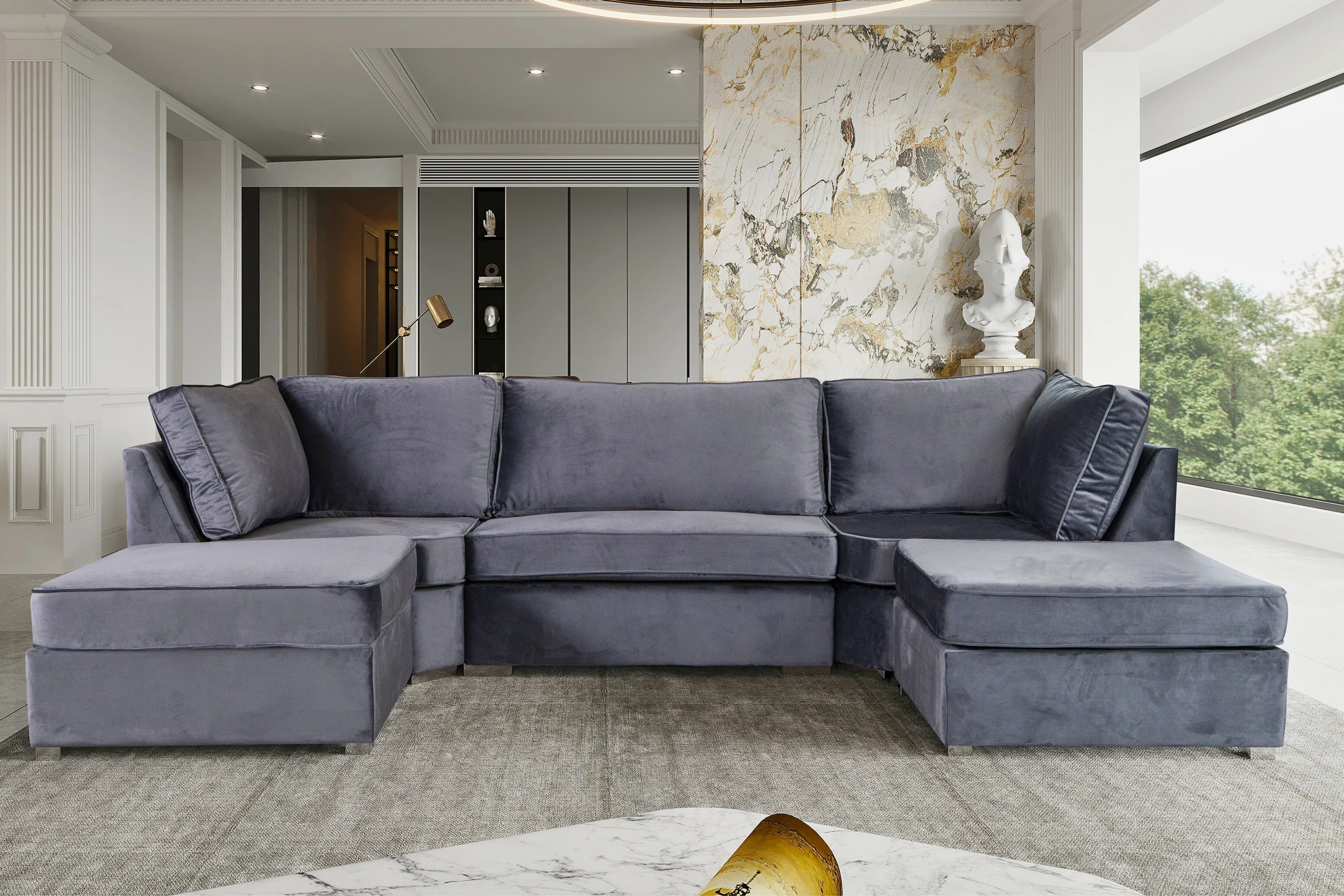 Ronan U Shape Corner -  Grey Plush Velvet